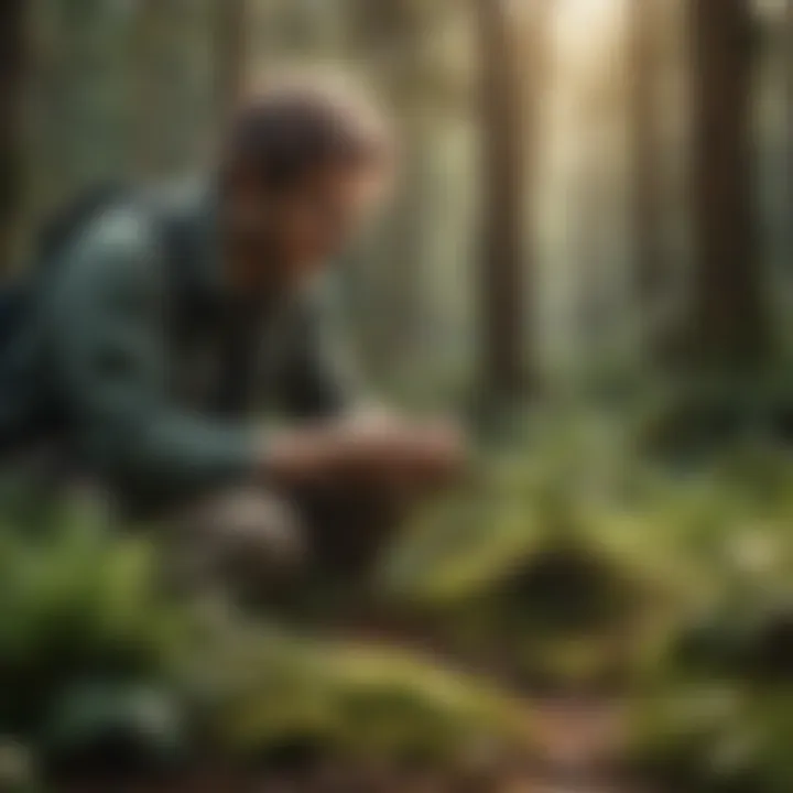 Botanist examining rare plant species in forest