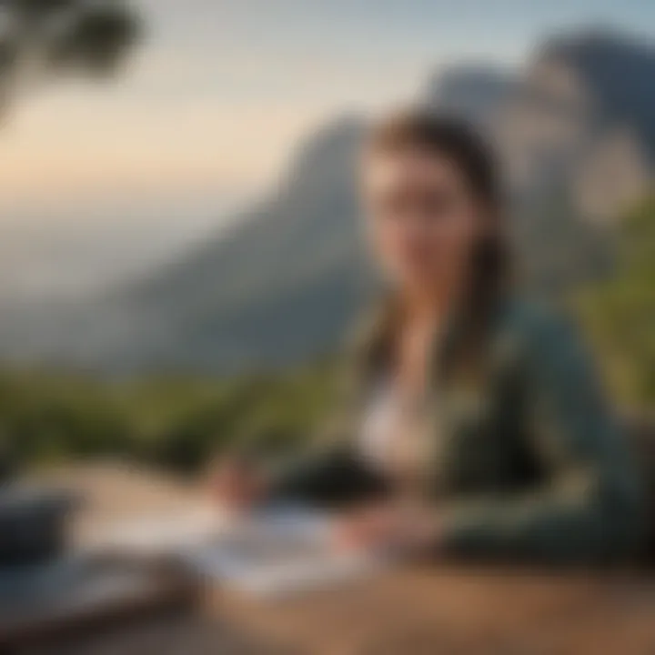 Visitor experience coordinator overlooking the mountain landscape