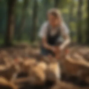 Animal care attendant feeding rabbits