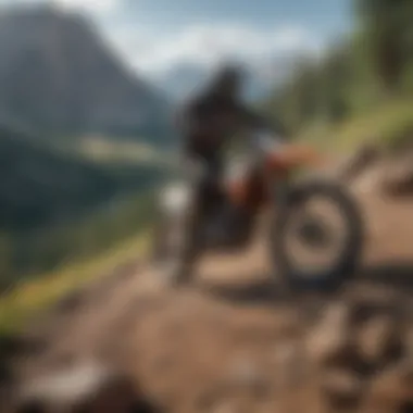 Challenging Rocky Terrain A dirtbike navigating rocky terrain against a stunning mountain backdrop