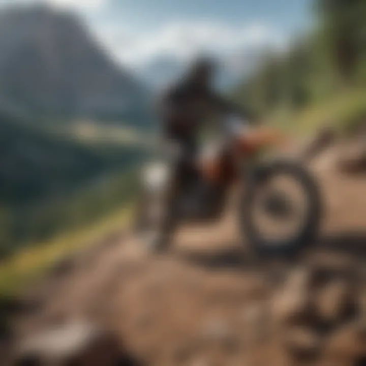 Challenging Rocky Terrain A dirtbike navigating rocky terrain against a stunning mountain backdrop