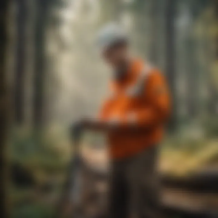 Construction surveyor analyzing land data amidst lush forestry
