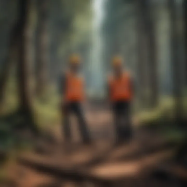 Construction surveyor collaborating with forestry team on project planning