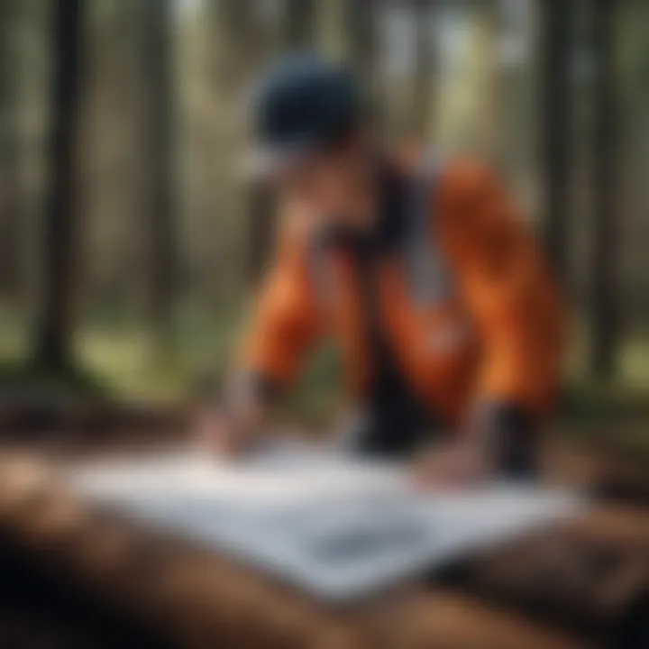 Construction surveyor reviewing project blueprints in a forest setting