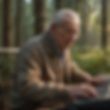 Elderly man typing on keyboard for data entry