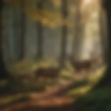 A group of deer gracefully moving through a sunlit forest, capturing the elegance of their movement.
