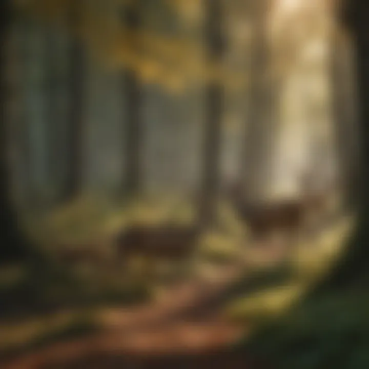 A group of deer gracefully moving through a sunlit forest, capturing the elegance of their movement.
