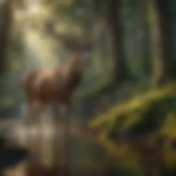 A serene forest scene showcasing a majestic deer grazing near a tranquil stream.