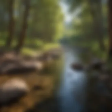 A tranquil river crossing along a forested hiking route