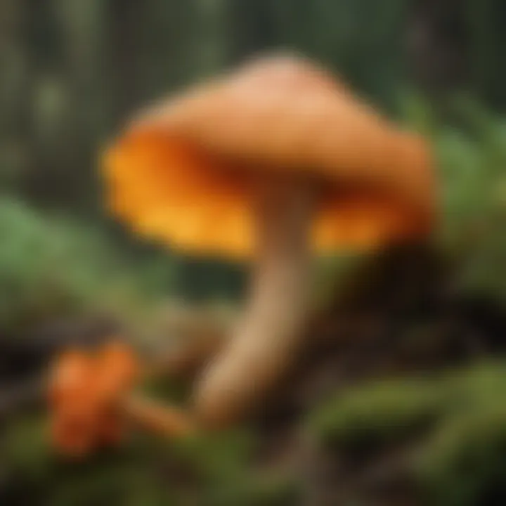 A close-up of a vibrant orange chanterelle mushroom in natural habitat