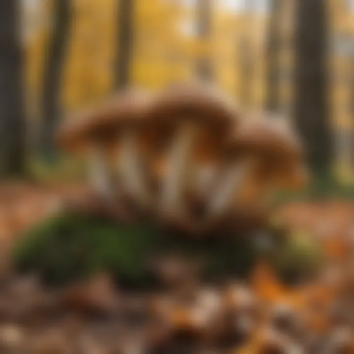 A group of porcini mushrooms peeking out from fallen leaves on the ground