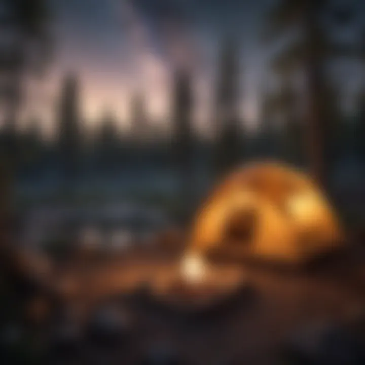 A cozy campsite featuring a tent and a campfire under a starlit sky