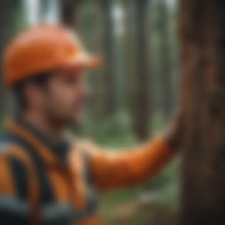 A close-up of a forestry worker examining tree health.