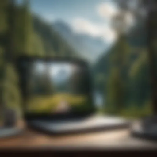 A laptop set against a scenic backdrop of mountains and trees, symbolizing remote work.
