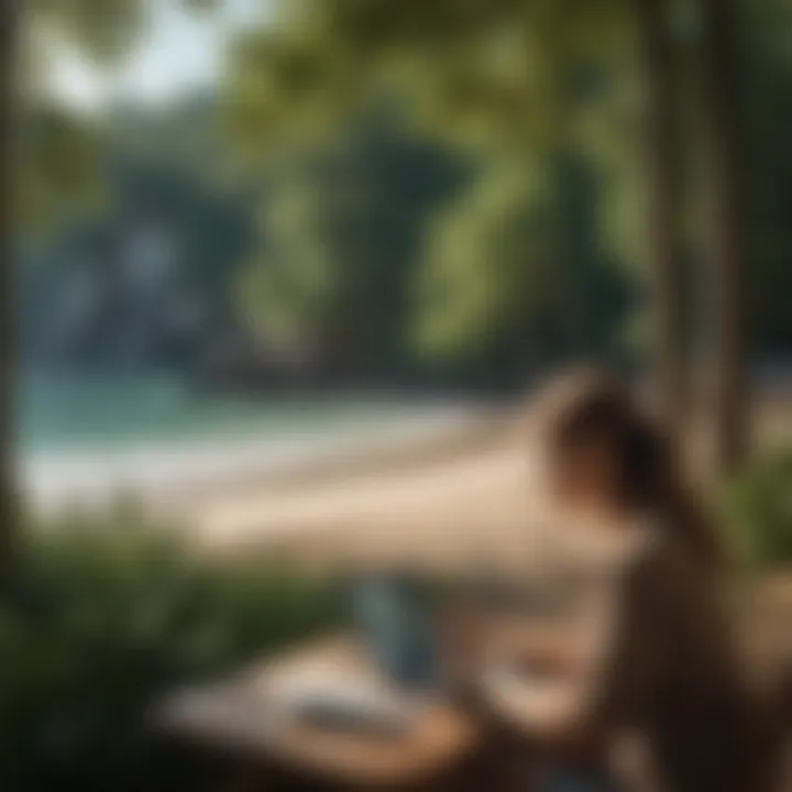 Working While Enjoying the Beach A digital nomad using a tablet at a beachside café, illustrating mobile work culture.