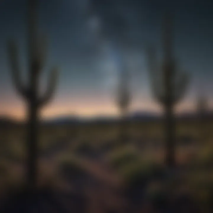 A group of saguaros silhouetted against a starry night sky