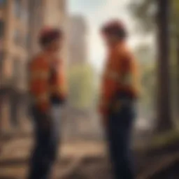 Fire inspector examining building structure in urban setting