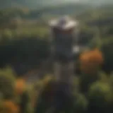 Aerial view of a fire lookout tower in a dense forest