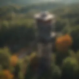Aerial view of a fire lookout tower in a dense forest