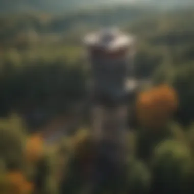 Panoramic Overlook of Forest and Fire Tower Aerial view of a fire lookout tower in a dense forest