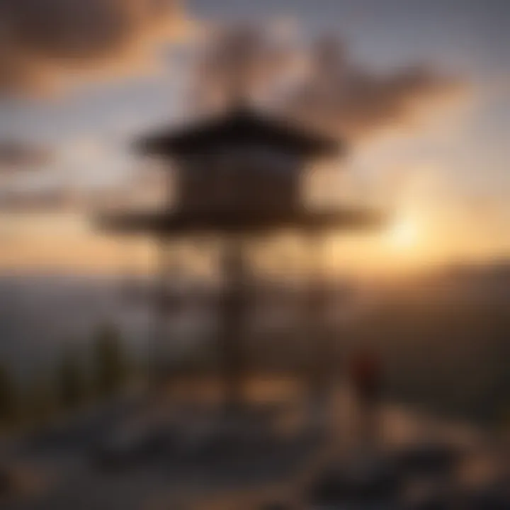 Silhouette of a fire lookout personnel scanning the horizon at sunset