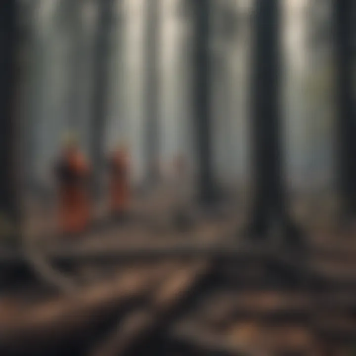 Technicians assessing wildfire damage in a forest