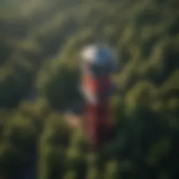 Aerial view of a fire tower in the midst of a lush forest