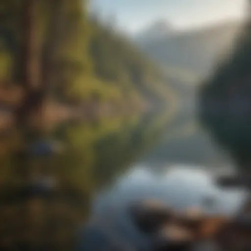 A serene view of Shasta Lake at dawn, showcasing its tranquil waters and surrounding landscape.