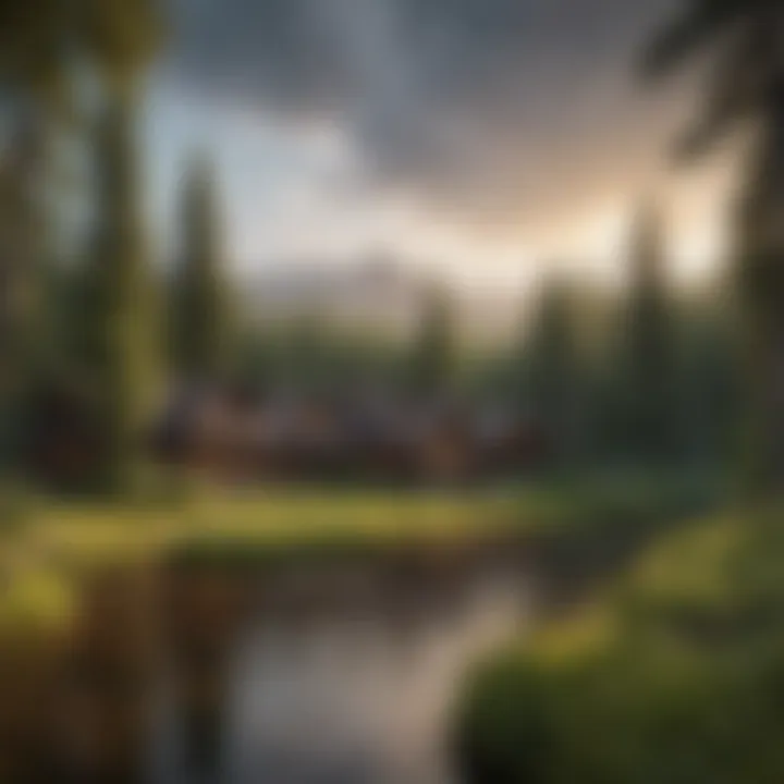 A panoramic view of Flathead Lodge surrounded by lush forest.