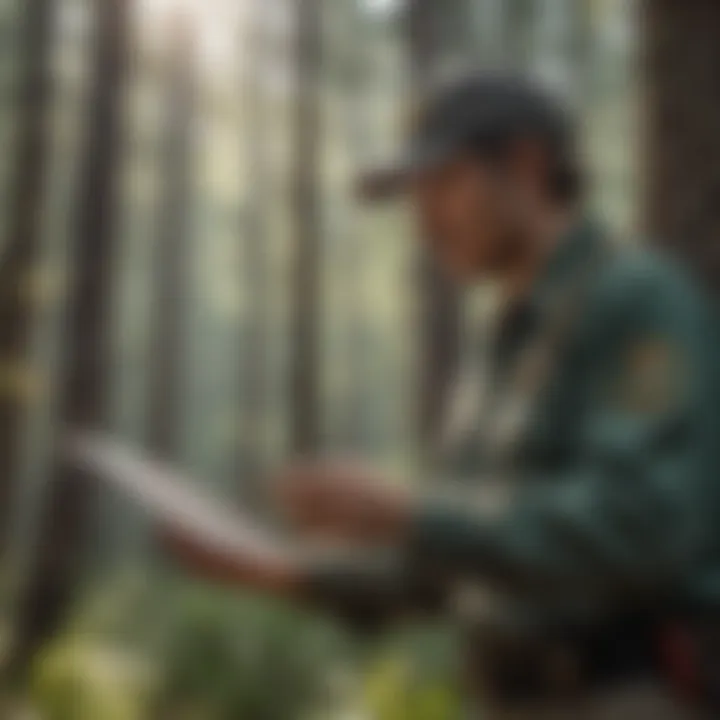 Forest Ranger Assessing Tree Health A forest ranger examining tree health, highlighting the importance of ecology in forest management.
