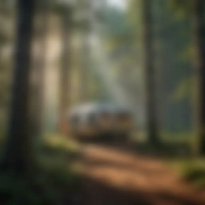 Lush forest camping area surrounded by tall trees