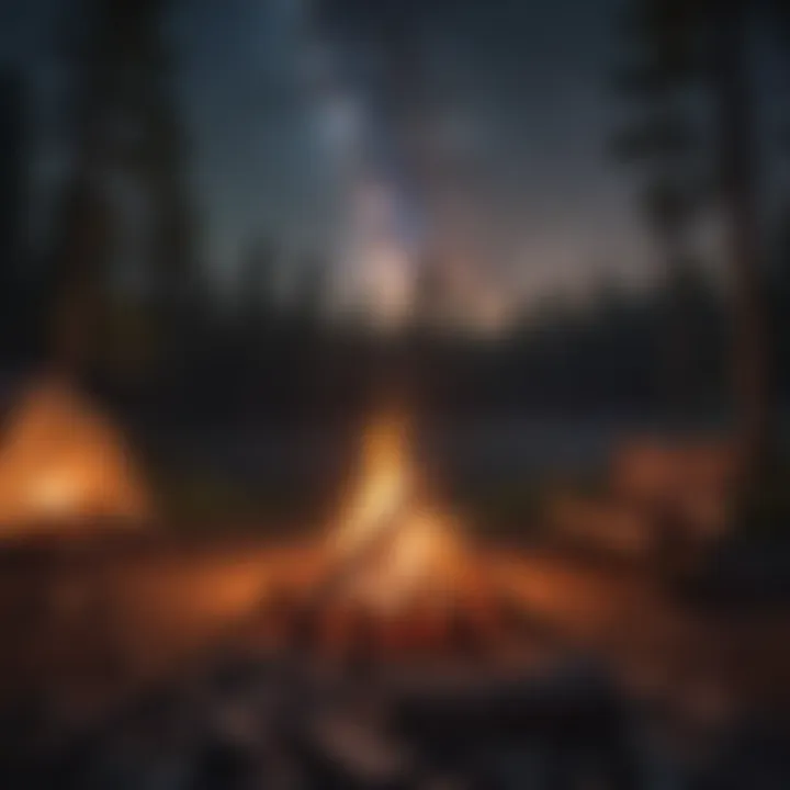 Campfire burning under a starlit sky in an American forest