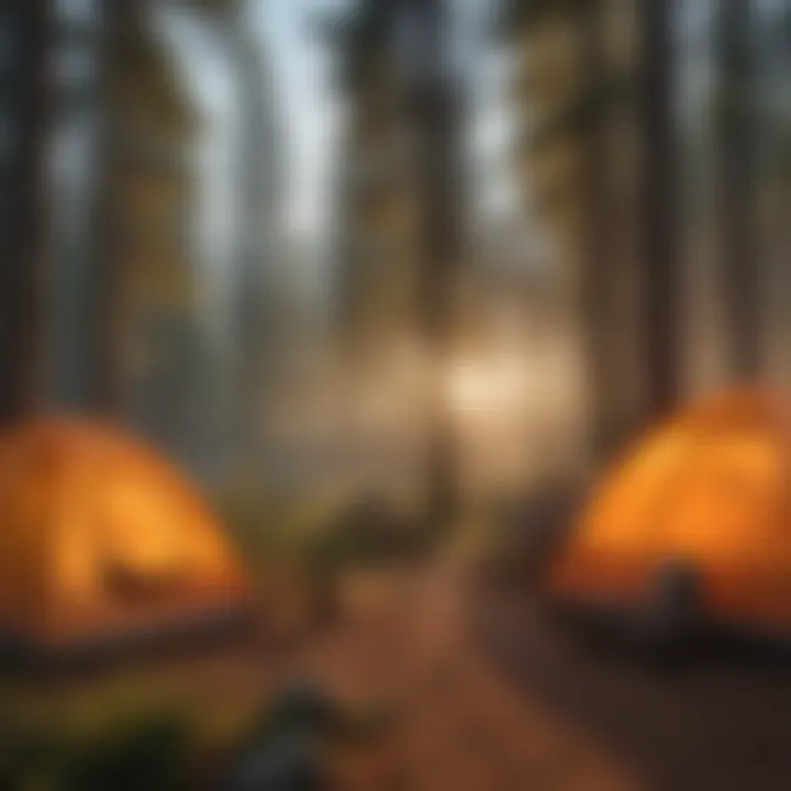 Sunset over a tranquil campsite nestled among towering trees