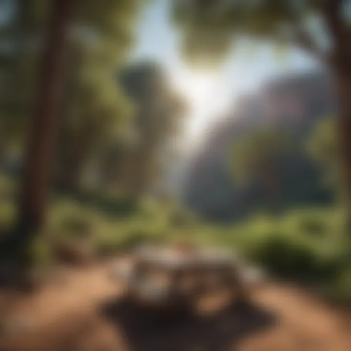 Scenic Picnic Setup Amidst Nature A well-maintained picnic area with tables surrounded by lush greenery