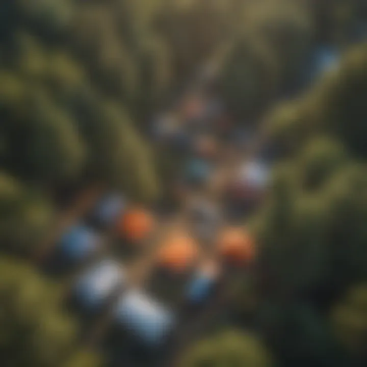 An aerial shot of a vibrant group campground, highlighting tents and recreational areas in a natural setting.