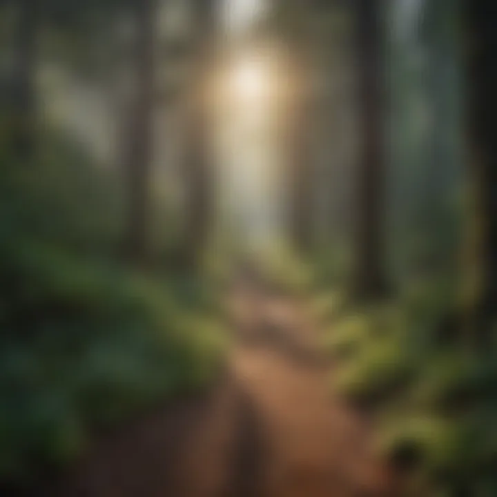 A panoramic view of a lush forest trail leading to a group campsite, showcasing nature's beauty.