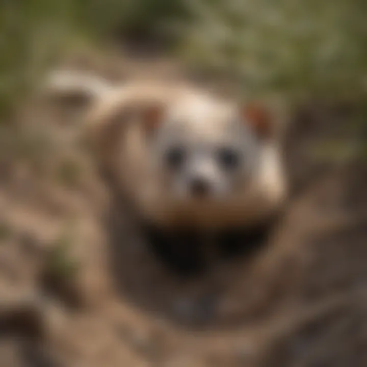 Black-footed ferret cautiously emerging from burrow