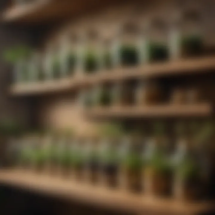 Variety of dried herbs in glass jars on wooden shelf