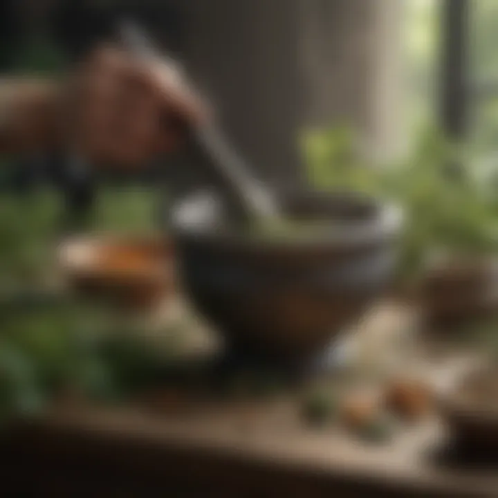 Herbalist blending ingredients in mortar and pestle