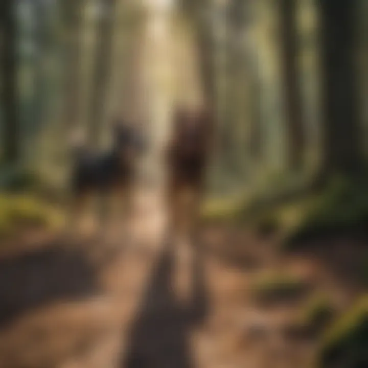 Dog and owner bonding on sunlit forest trail