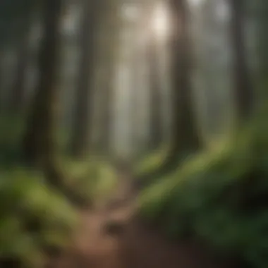 Lush Forest Trail on Mount Hood Diverse trail winding through lush forest on Mount Hood