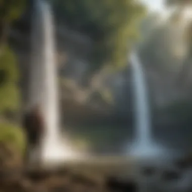 Majestic Waterfall Encounter A hiker standing in awe of a majestic waterfall