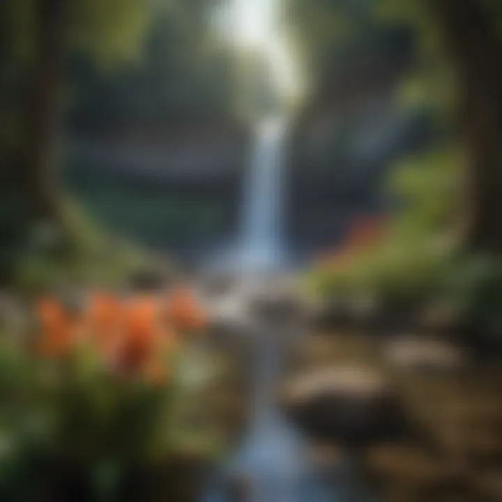 Close-up of vibrant flora surrounding a picturesque waterfall