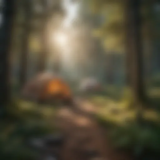 A tranquil campsite surrounded by towering trees and lush greenery.
