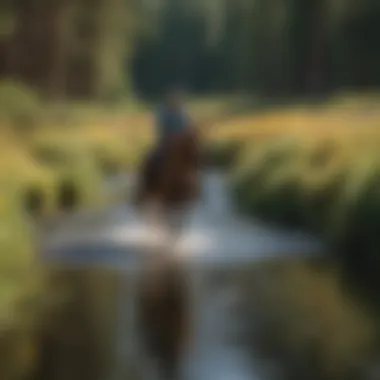 Equestrian crossing a serene river on horseback