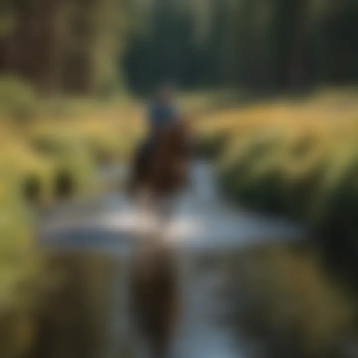 Equestrian crossing a serene river on horseback