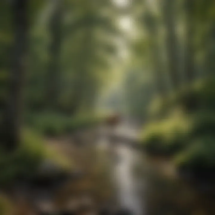 A serene landscape featuring a peaceful stream along a horse trail