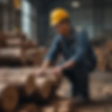 Chinese saw mill worker inspecting timber logs for export
