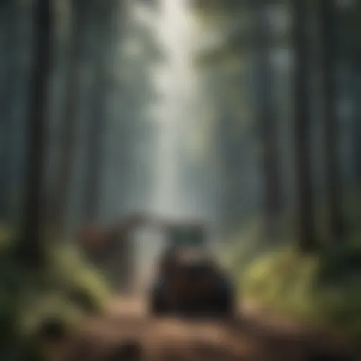 Lush forest canopy being harvested by machinery