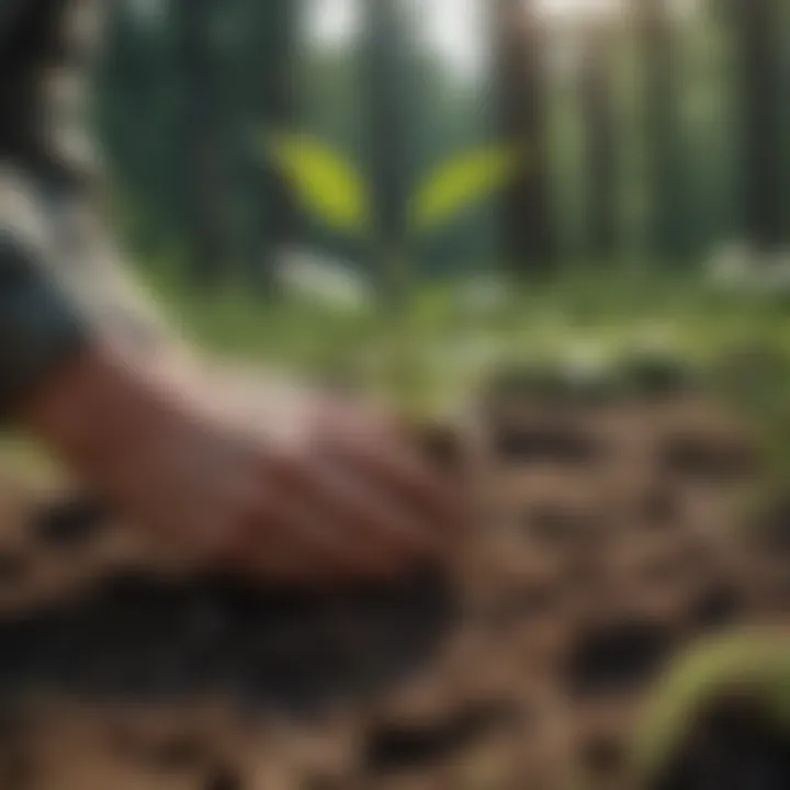 A close-up of a sapling being planted in healthy soil.